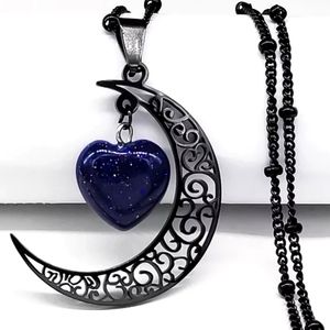 Goth Crescent Moon Blue Goldstone Heart Necklace